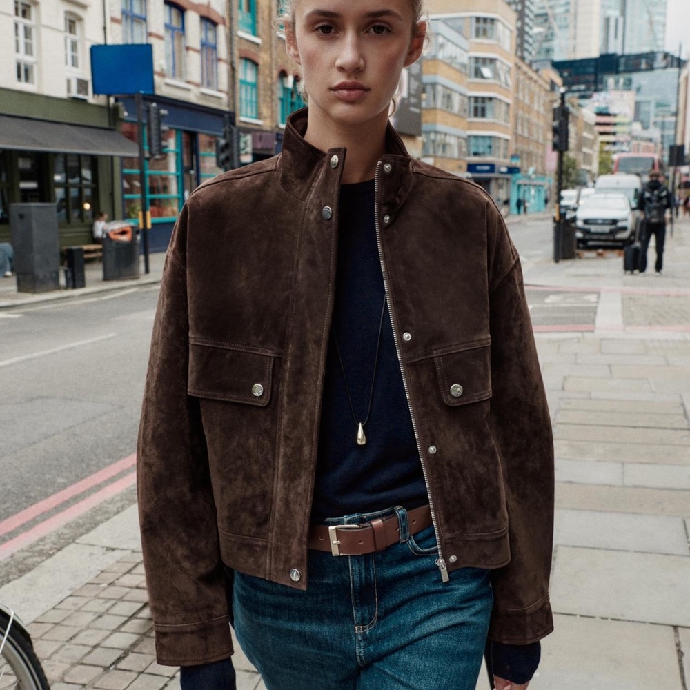 ZARA Suede Leather Bomber Jacket With Pockets — Brown Marl — Size M